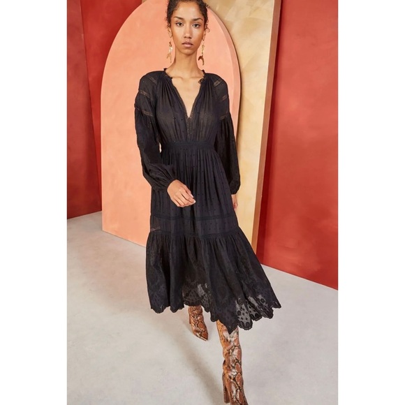 Ulla Johnson Dresses & Skirts - Ulla Johnson Size 6 Black Long Sleeve Eyelet Embroidered Lace Trim Midi Dress